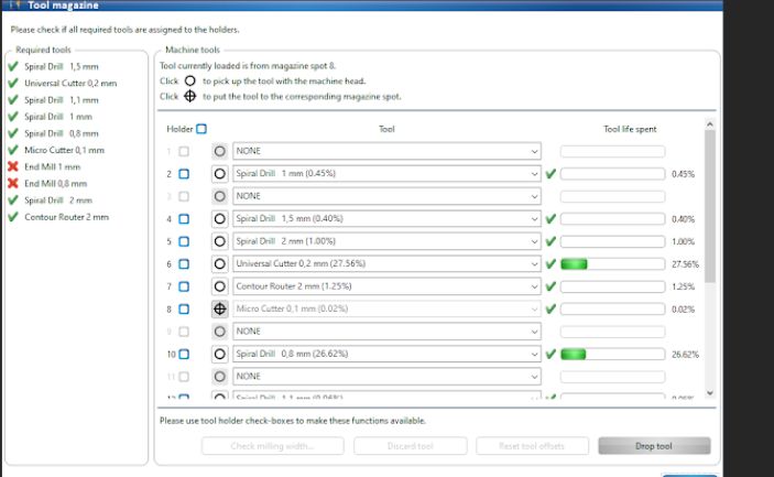 Affichage de la liste d'outils